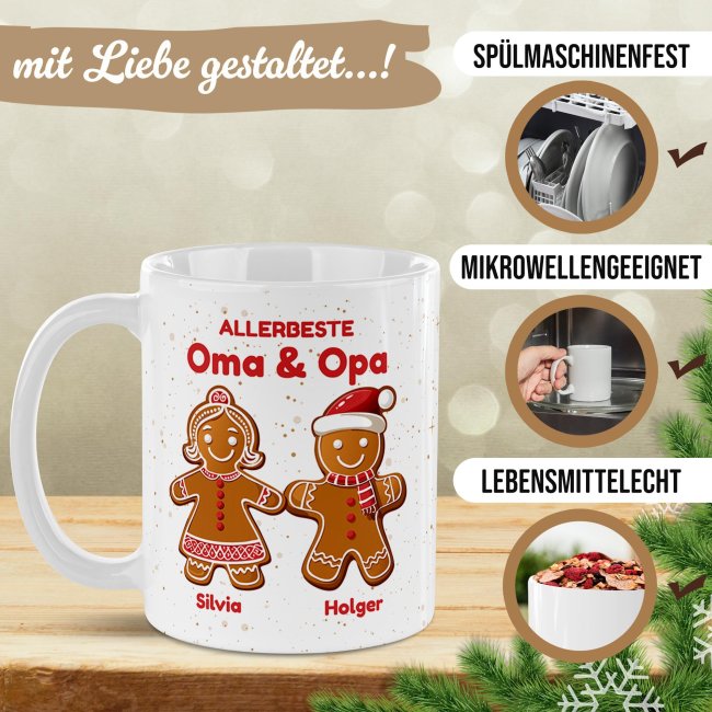 Weihnachtstasse f&uuml;r Gro&szlig;eltern - Lebkuchen- mit Wunschnamen - in 4 Farben