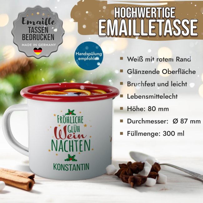 Weihnachts-Emailletasse - Frohe WEINnachten - mit Name - Rand Rot 300 ml