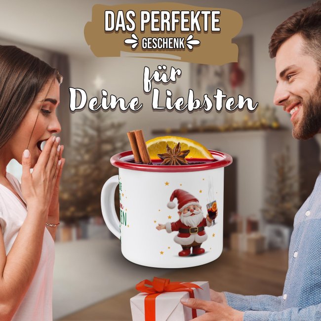 Weihnachts-Emailletasse - Frohe WEINnachten - mit Name - Rand Rot 300 ml