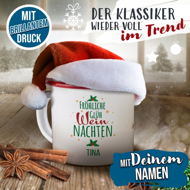 Weihnachts-Emailletasse - Frohe WEINnachten - mit Name - Rand Rot 300 ml