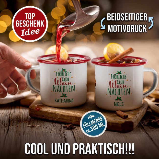 Weihnachts-Emailletasse - Frohe WEINnachten - mit Name - Rand Rot 300 ml