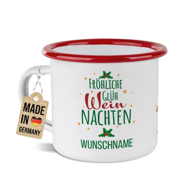 Weihnachts-Emailletasse - Frohe WEINnachten - mit Name - Rand Rot 300 ml