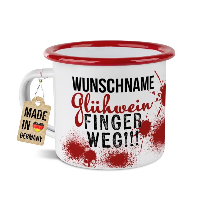 Emaille Tasse f&uuml;r Gl&uuml;hwein - mit Name - Rand Rot 300 ml