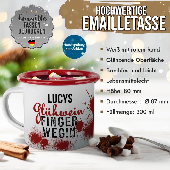 Emaille Tasse f&uuml;r Gl&uuml;hwein - mit Name - Rand Rot 300 ml