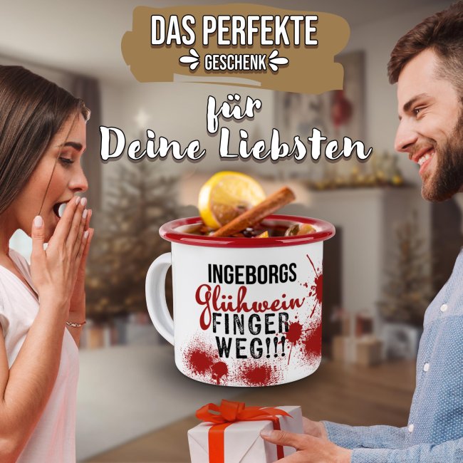 Emaille Tasse f&uuml;r Gl&uuml;hwein - mit Name - Rand Rot 300 ml