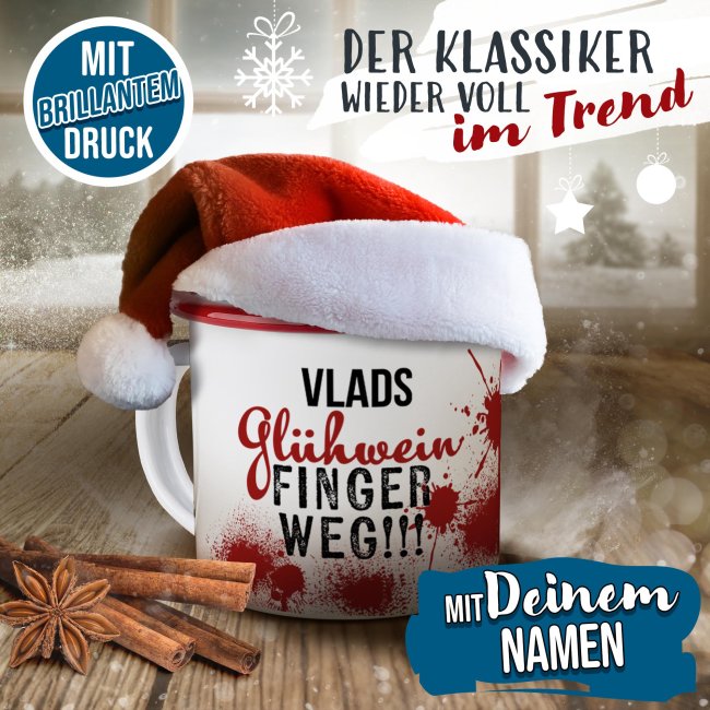 Emaille Tasse f&uuml;r Gl&uuml;hwein - mit Name - Rand Rot 300 ml