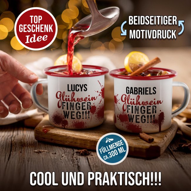 Emaille Tasse f&uuml;r Gl&uuml;hwein - mit Name - Rand Rot 300 ml