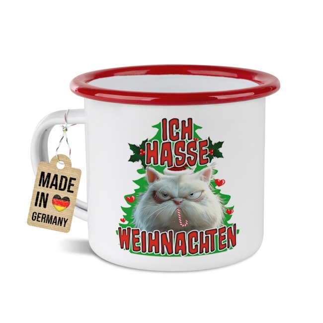 Weihnachts-Emailletasse - Ich hasse Weihnachten - Rand Rot 300 ml