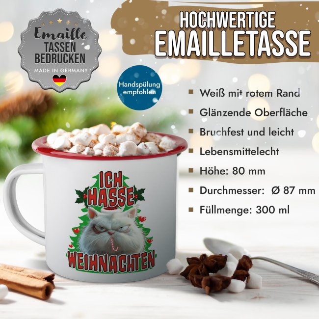 Weihnachts-Emailletasse - Ich hasse Weihnachten - Rand Rot 300 ml