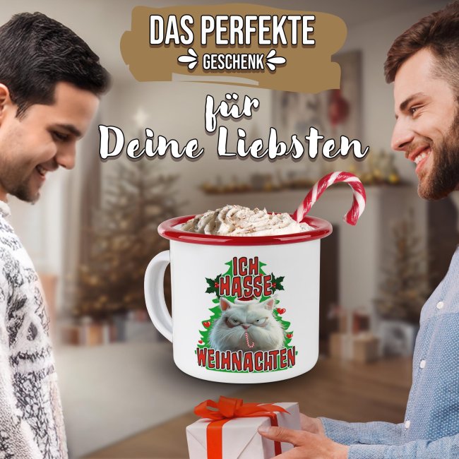 Weihnachts-Emailletasse - Ich hasse Weihnachten - Rand Rot 300 ml