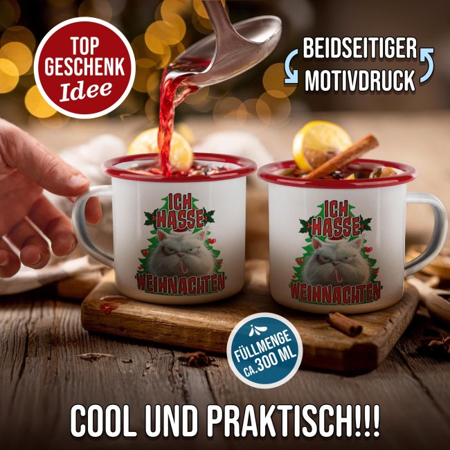 Weihnachts-Emailletasse - Ich hasse Weihnachten - Rand Rot 300 ml