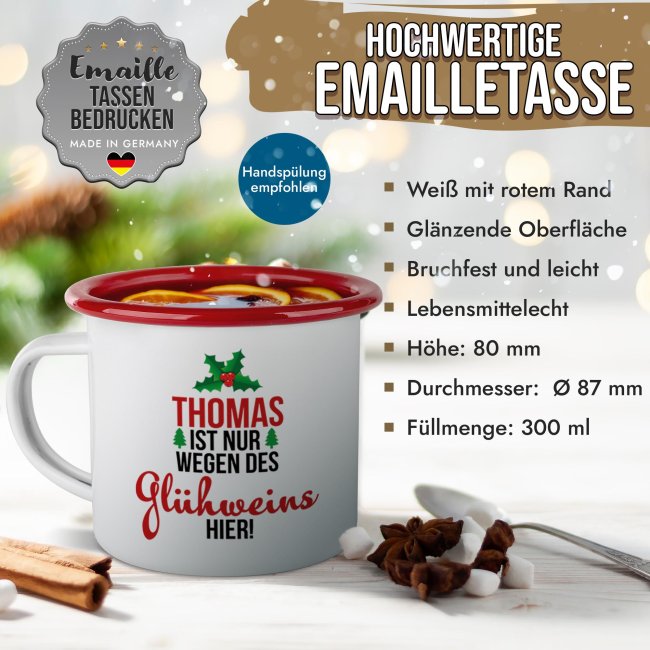 Emailletasse f&uuml;r Gl&uuml;hwein - Ist nur wegen des Gl&uuml;hweins hier - mit Name - Rand Rot 300 ml