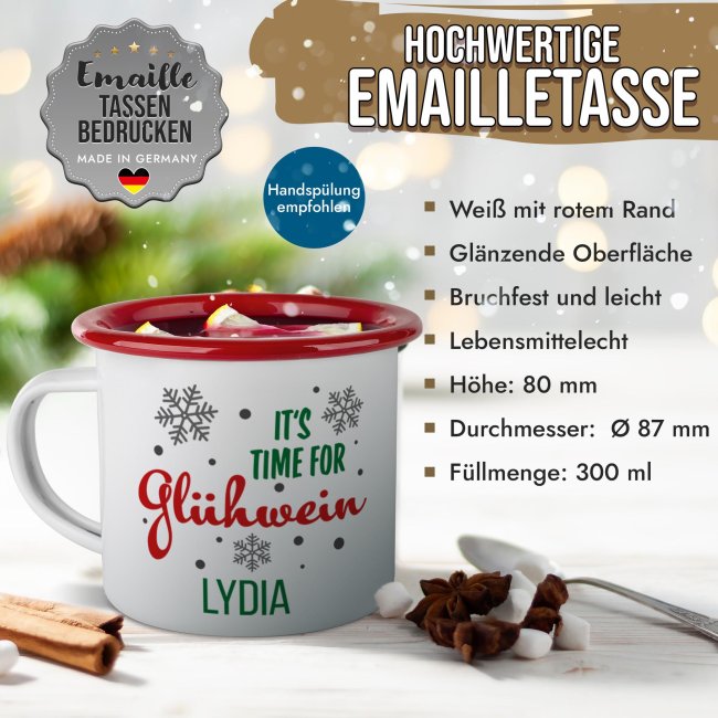 Emailletasse f&uuml;r Gl&uuml;hwein - Its time for Gl&uuml;hwein - mit Name - Rand Rot 300 ml