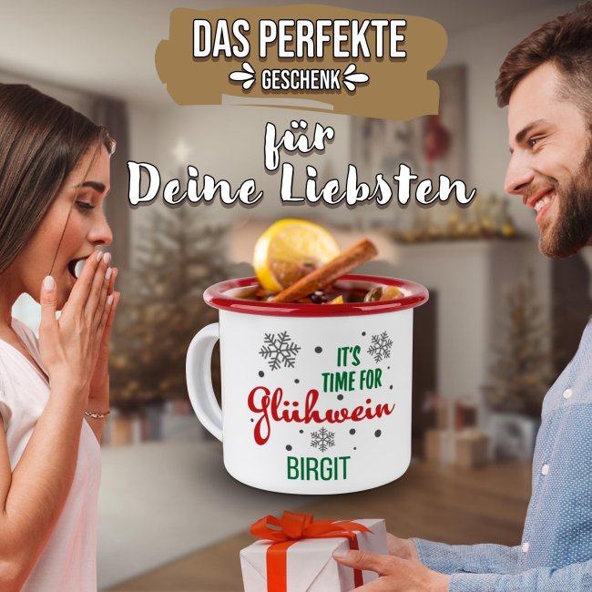 Emailletasse f&uuml;r Gl&uuml;hwein - Its time for Gl&uuml;hwein - mit Name - Rand Rot 300 ml