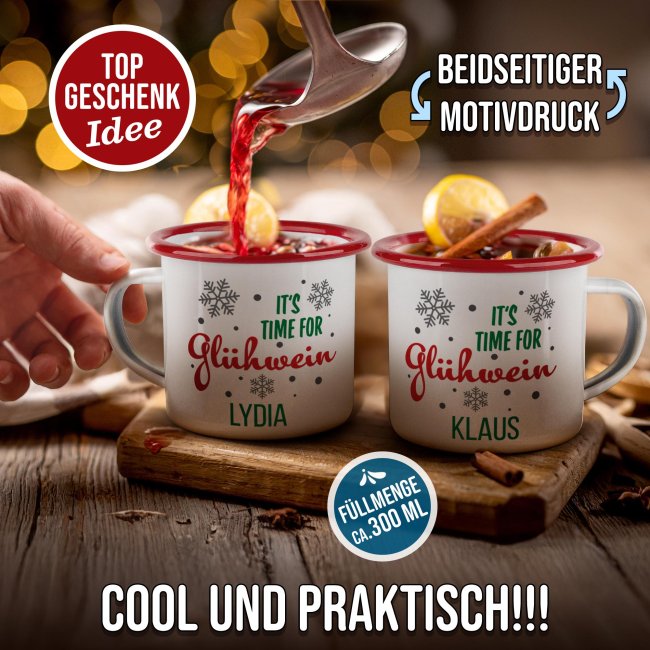 Emailletasse f&uuml;r Gl&uuml;hwein - Its time for Gl&uuml;hwein - mit Name - Rand Rot 300 ml