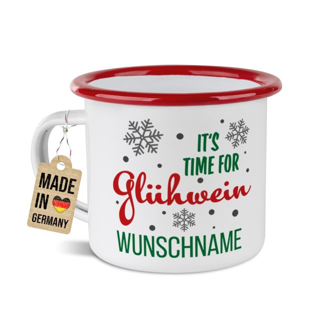 Emailletasse f&uuml;r Gl&uuml;hwein - Its time for Gl&uuml;hwein - mit Name - Rand Rot 300 ml