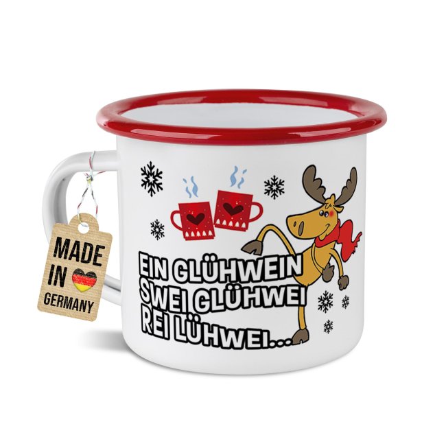 Emaille Tasse f&uuml;r Gl&uuml;hwein - Rei L&uuml;hwei - Rand Rot 300 ml