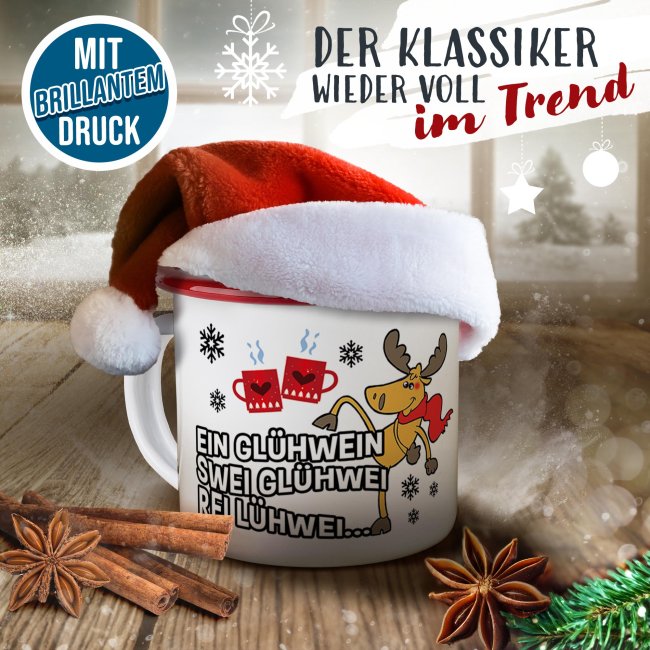 Emaille Tasse f&uuml;r Gl&uuml;hwein - Rei L&uuml;hwei - Rand Rot 300 ml