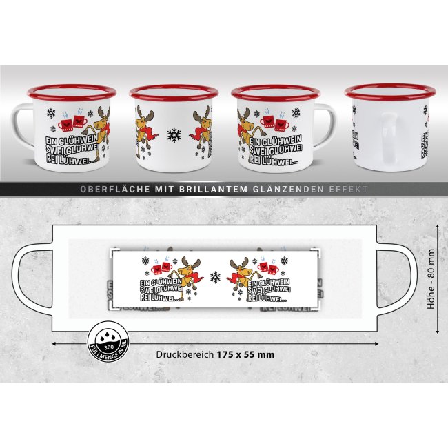 Emaille Tasse f&uuml;r Gl&uuml;hwein - Rei L&uuml;hwei - Rand Rot 300 ml