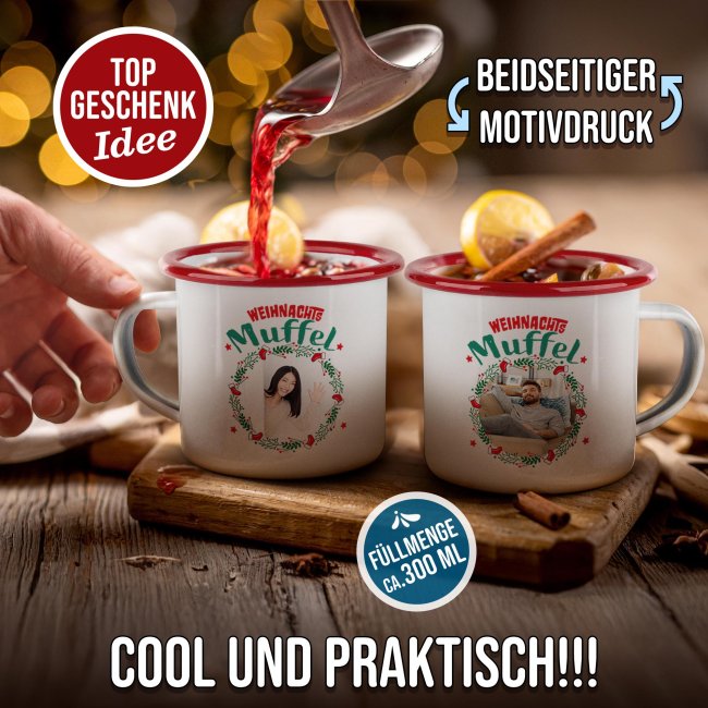 Weihnachts-Emailletasse - WeihnachtsMUFFEL - mit Foto - Rand Rot 300 ml