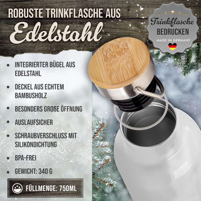 Trinkflasche mit Bambusdeckel - Frohe WEINnachten - mit Name - Wei&szlig; 750 ml