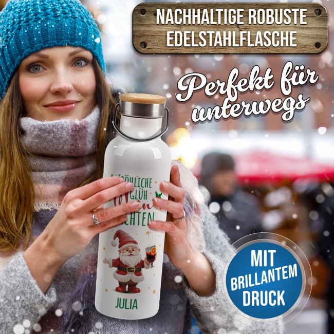 Trinkflasche mit Bambusdeckel - Frohe WEINnachten - mit Name - Wei&szlig; 750 ml