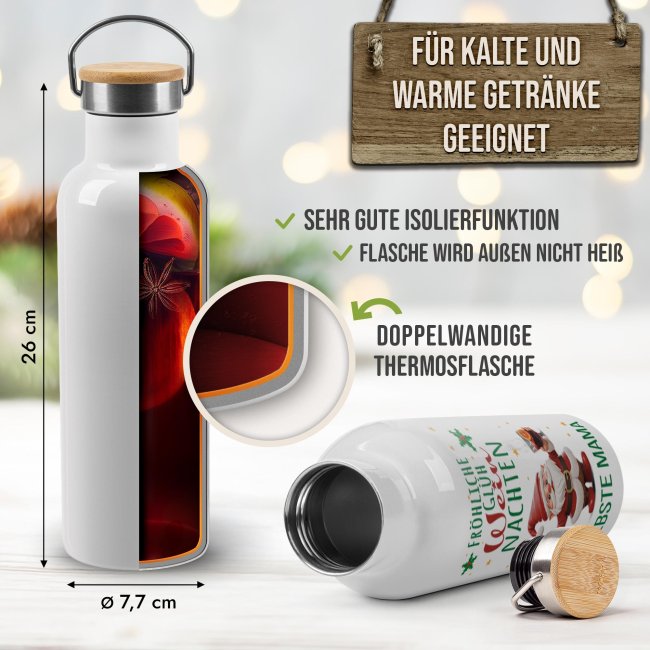 Trinkflasche mit Bambusdeckel - Frohe WEINnachten - mit Name - Wei&szlig; 750 ml