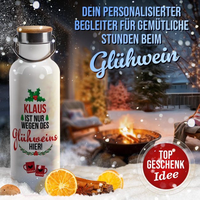 Trinkflasche mit Bambusdeckel - Ist nur wegen des Gl&uuml;hweins hier - Wei&szlig; 750 ml