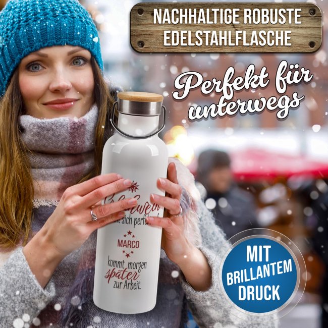 Trinkflasche mit Bambusdeckel - Gl&uuml;hwein reimt sich perfekt auf - Wei&szlig; 750 ml