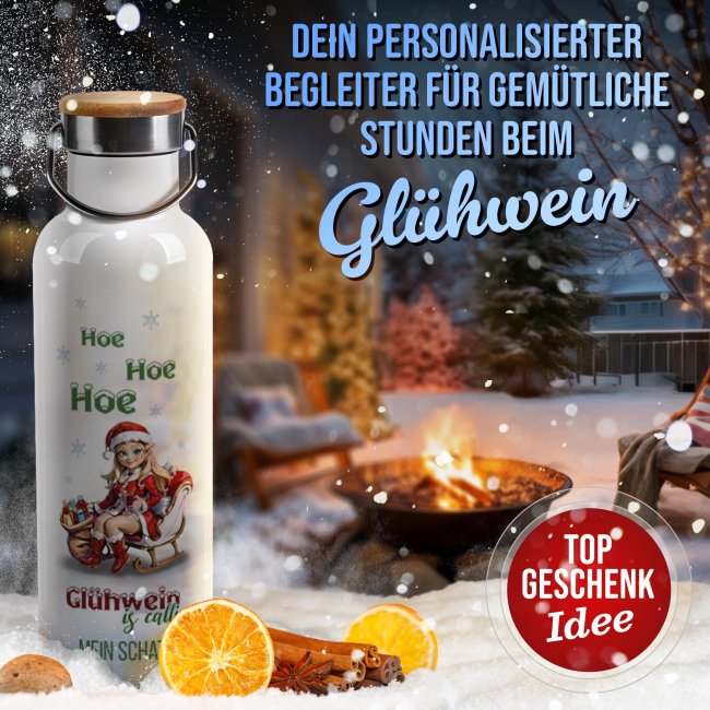 Trinkflasche mit Bambusdeckel - Hoe Hoe Hoe - Wei&szlig; 750 ml