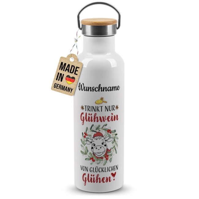 Trinkflasche mit Bambusdeckel - Gl&uuml;hwein von gl&uuml;cklichen Gl&uuml;hen - Wei&szlig; 750 ml