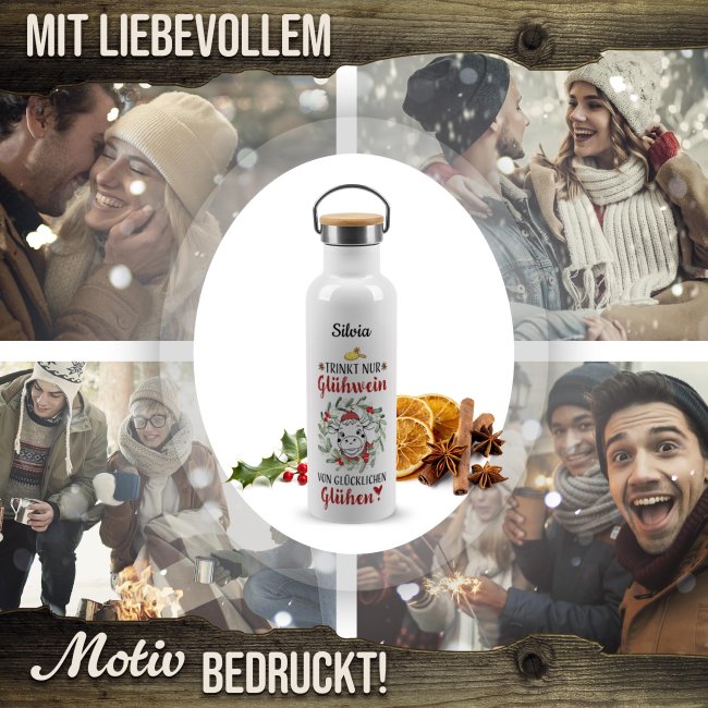 Trinkflasche mit Bambusdeckel - Gl&uuml;hwein von gl&uuml;cklichen Gl&uuml;hen - Wei&szlig; 750 ml