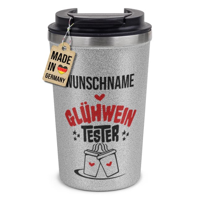 To-Go Edelstahlbecher Glitzer - Tester - mit Name - Silber - 350 ml