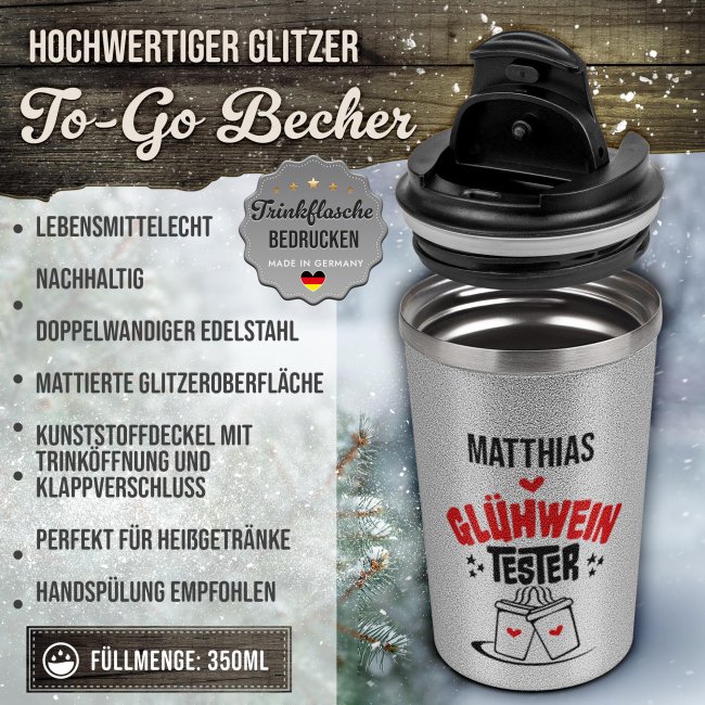 To-Go Edelstahlbecher Glitzer - Tester - mit Name - Silber - 350 ml