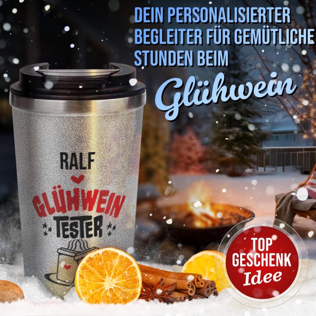 To-Go Edelstahlbecher Glitzer - Tester - mit Name - Silber - 350 ml