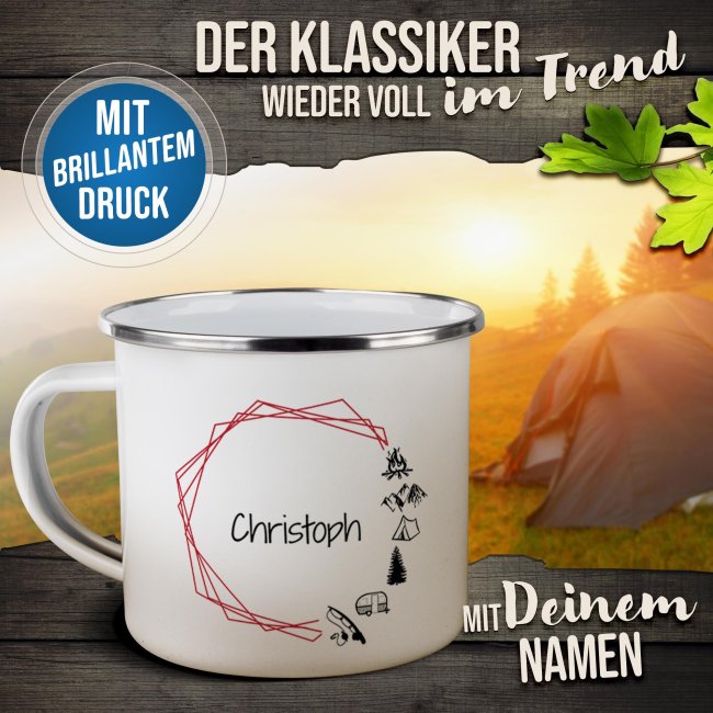 Emaille-Tasse f&uuml;r Camper - Camping Kreis - mit Name - 300 ml