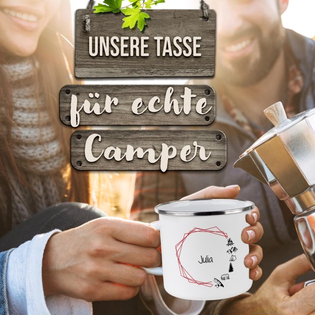 Emaille-Tasse f&uuml;r Camper - Camping Kreis - mit Name - 300 ml