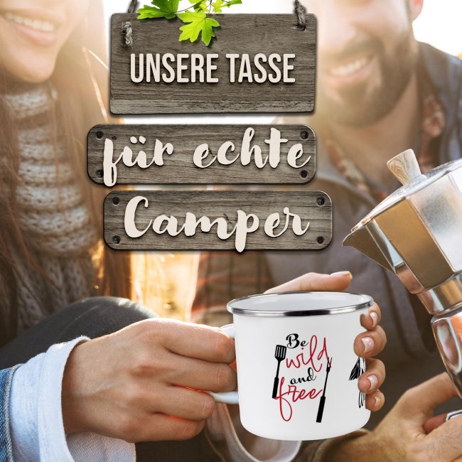 Emaille-Tasse - Be wild and free - mit Name - 300 ml