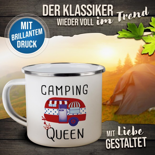 Emaille-Tasse f&uuml;r Camper - Camping Queen - 480 ml