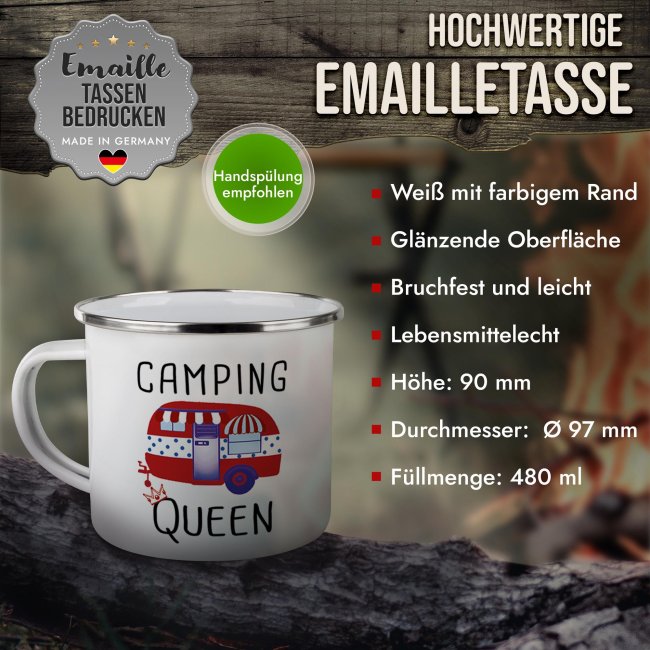 Emaille-Tasse f&uuml;r Camper - Camping Queen - 480 ml