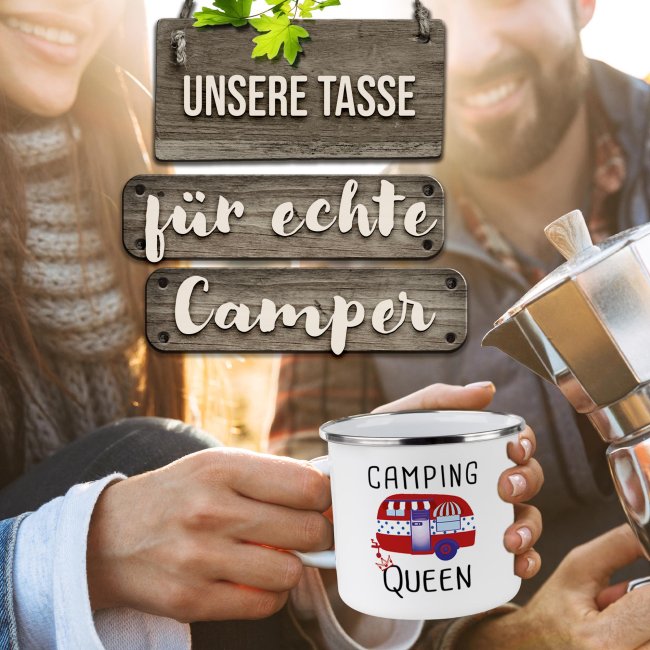 Emaille-Tasse f&uuml;r Camper - Camping Queen - 480 ml