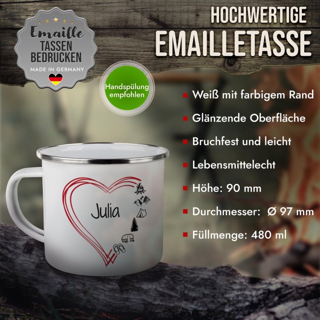 Emaille-Tasse f&uuml;r Camper - Camping Herz - mit Name - 300 ml