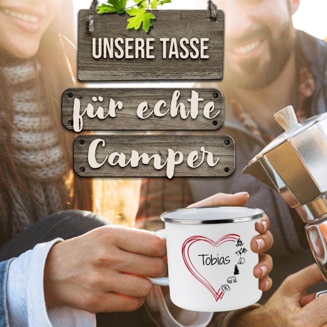 Emaille-Tasse f&uuml;r Camper - Camping Herz - mit Name - 300 ml