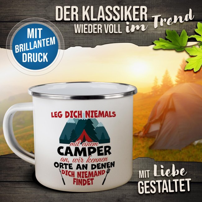 Emaille-Tasse - Leg dich niemals mit einem Camper an - 300 ml