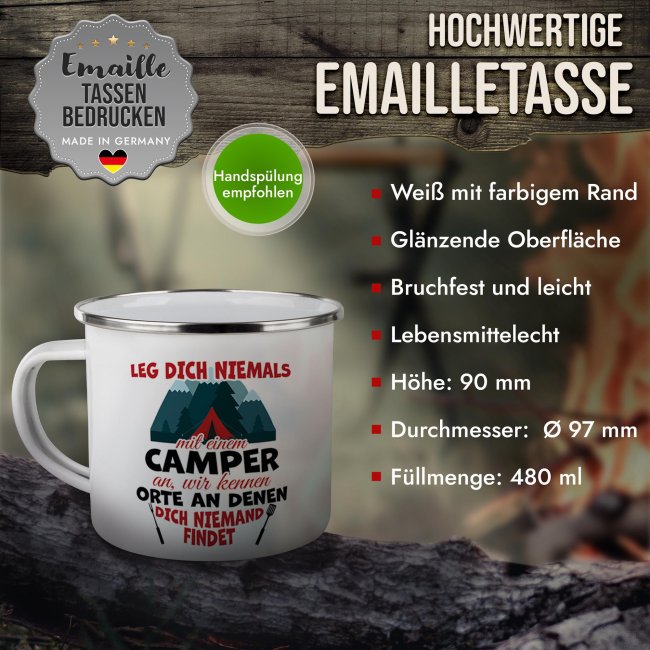 Emaille-Tasse - Leg dich niemals mit einem Camper an - 300 ml