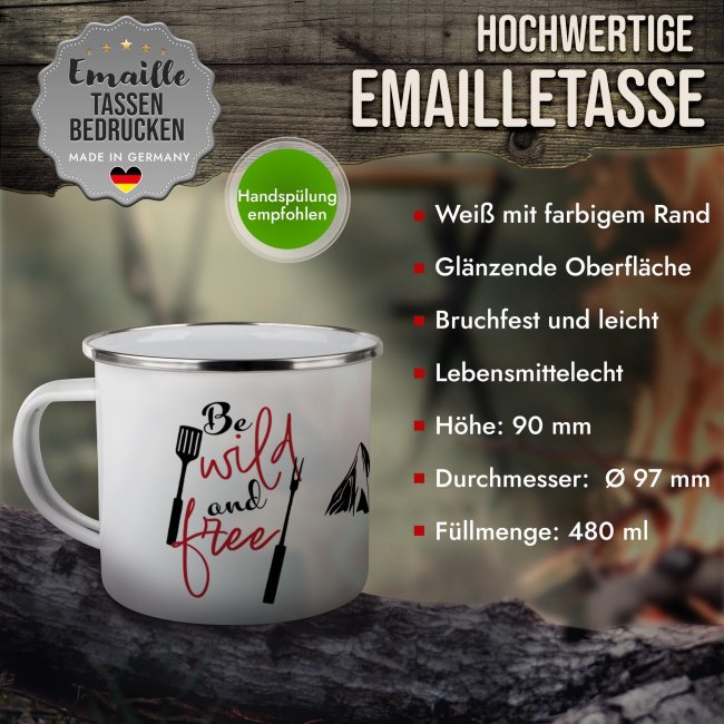 Emaille-Tasse - Be wild and free - mit Name - 300 ml