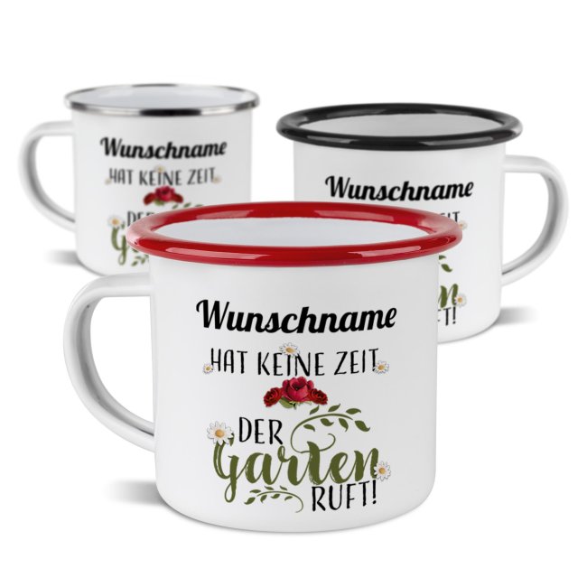 Emaille-Tasse - Der Garten ruft - mit Name - 300 ml