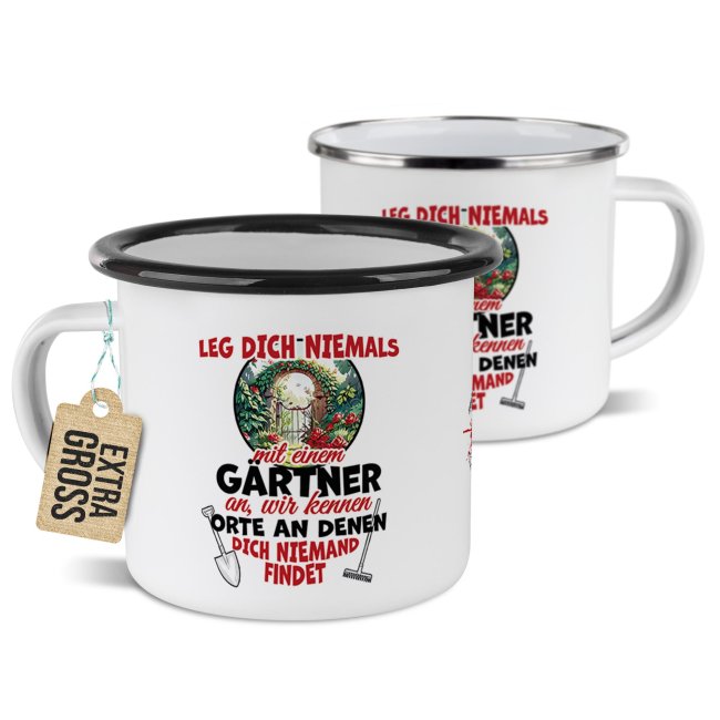 Emaille-Tasse - Leg dich niemals mit einem G&auml;rtner an - 300 ml