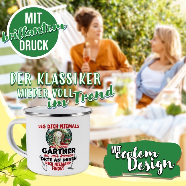 Emaille-Tasse - Leg dich niemals mit einem G&auml;rtner an - 300 ml