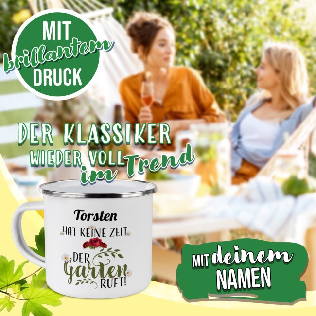 Emaille-Tasse - Der Garten ruft - mit Name - 480 ml